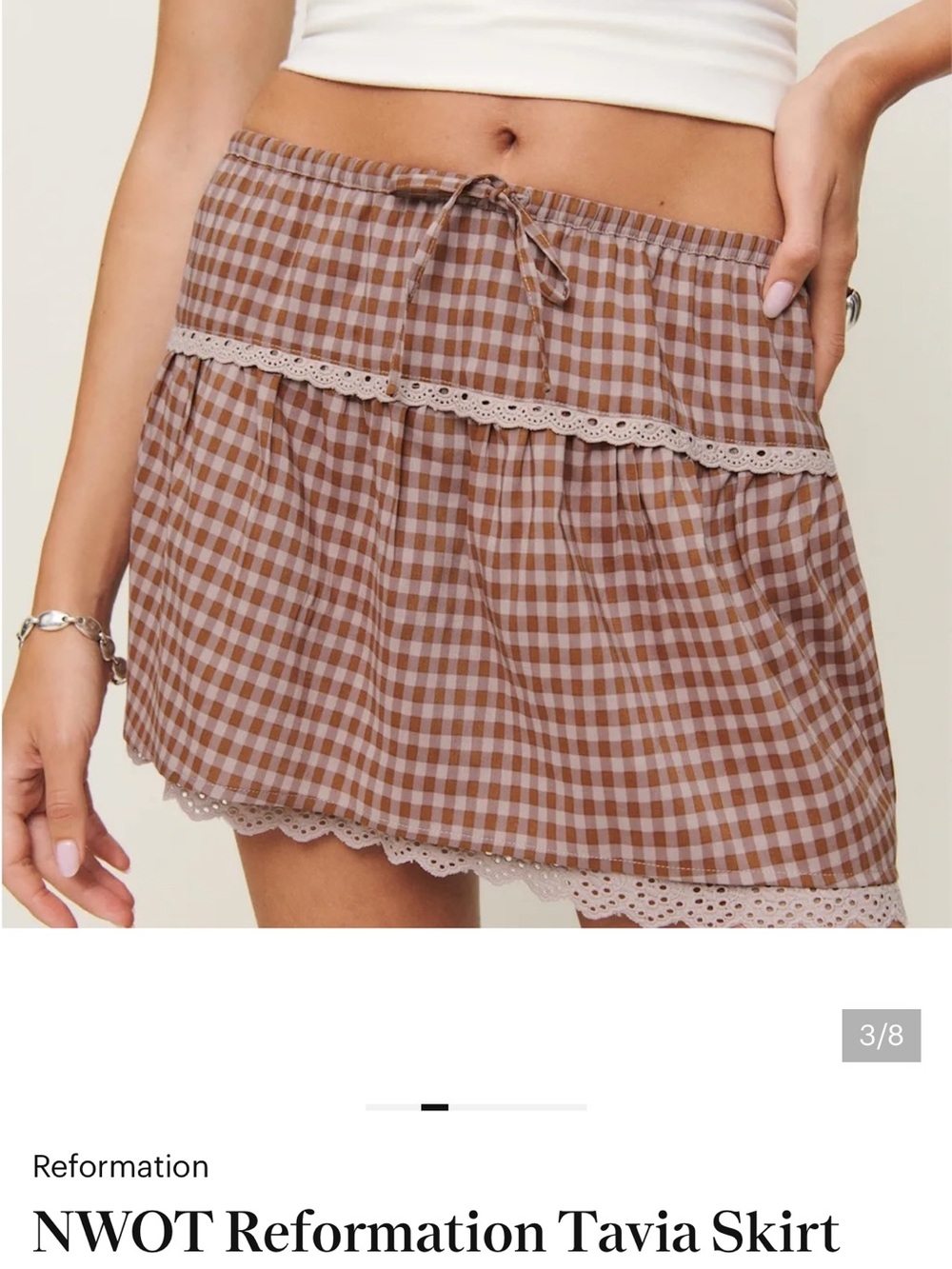 Reformation Brown Gingham Lace-Trim Mini Skirt - Picture 2 of 4